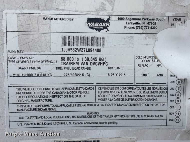 image for item FI0149 2007 Wabash dry van trailer