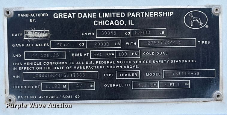 image for item FI0156 2000 Great Dane 7311TP-S dry van trailer