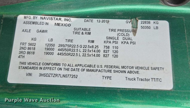 image for item YA1620 2020 International LT625 semi truck