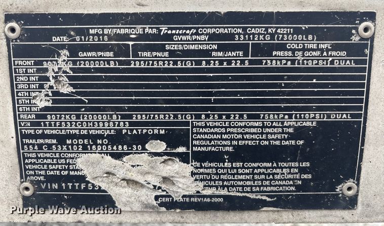 image for item YA2217 2017 Transcraft flatbed trailer