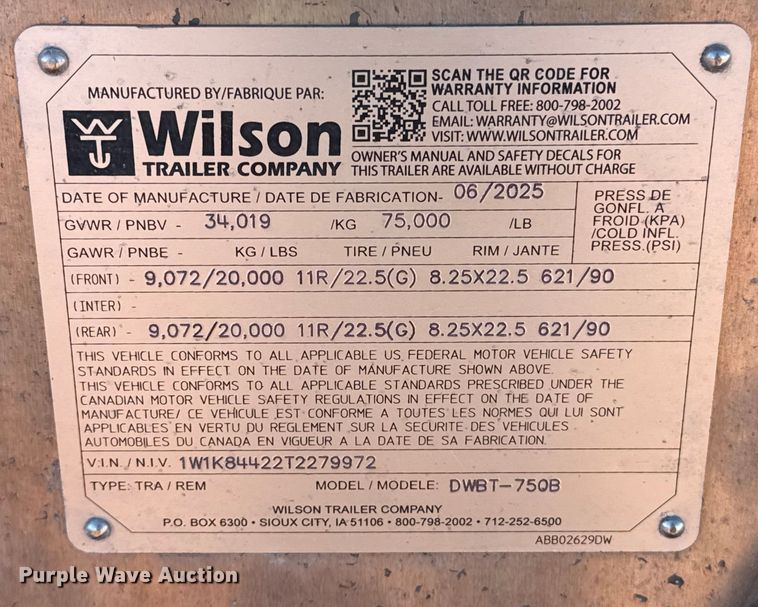 image for item YA2235 2026 Wilson DWBT-750B live bottom trailer