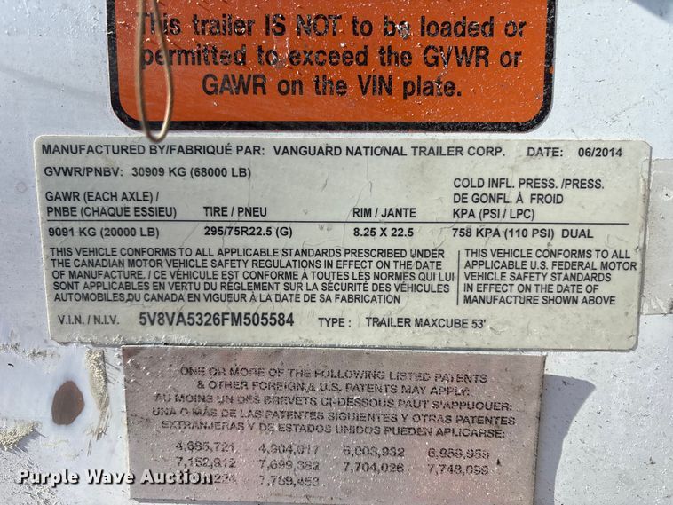 image for item YA6114 2015 Vanguard MaxCube dry van trailer