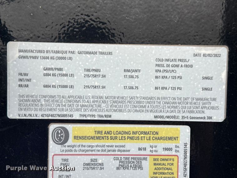 image for item DQ4369 2022 Gator Made 35+5 Gooseneck 30k equipment trailer