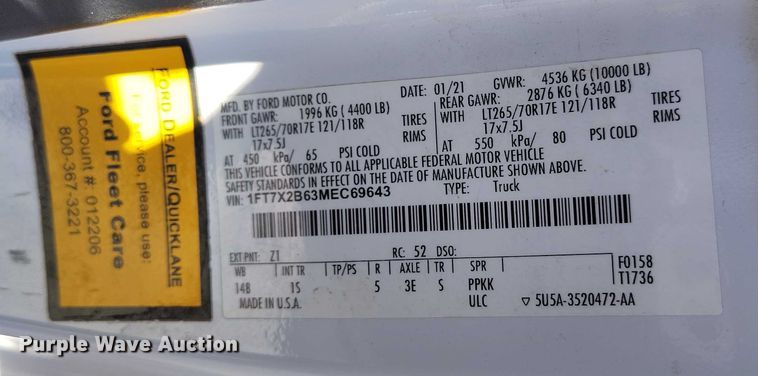 image for item DT0967 2021 Ford F250 Super Duty Ext. Cab pickup truck