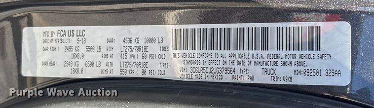 image for item DU0395 2018 RAM 2500 Crew Cab pickup truck