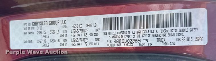 image for item DU6908 2011 Dodge Ram 2500 Crew Cab pickup truck