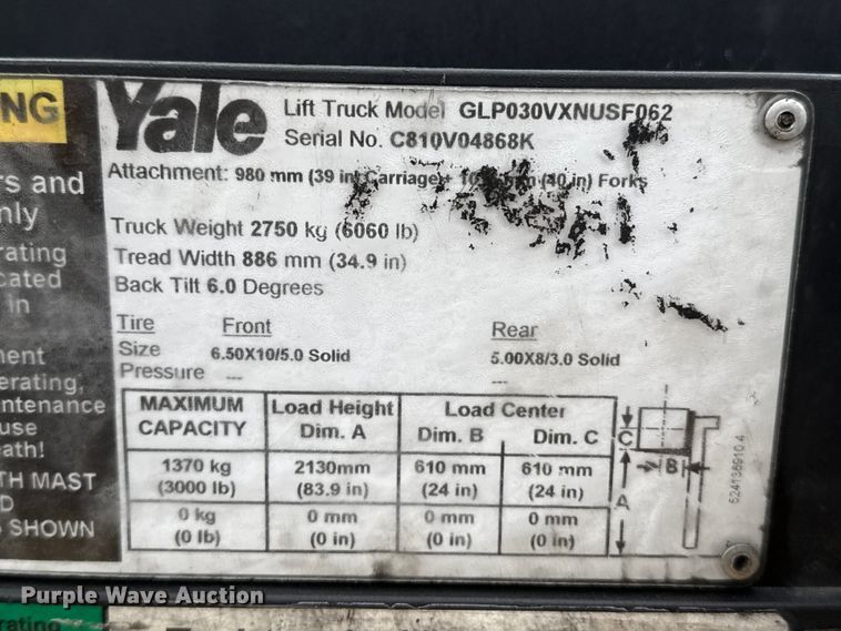 image for item DZ5141 Yale GLP030VXNUSF062 forklift