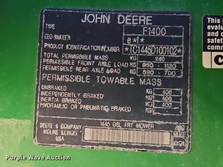 image for item EO7093 John Deere F1400 lawn mower