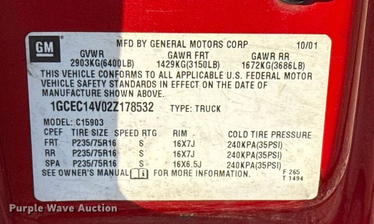 image for item ES5593 2002 Chevrolet Silverado 1500 pickup truck