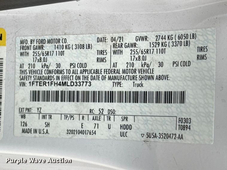 image for item ES5949 2021 Ford Ranger Ext. Cab utility bed pickup truck