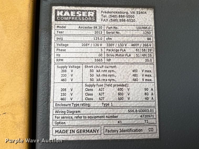 image for item ES8642 2013 Kaeser Air Center SK 20 air compressor