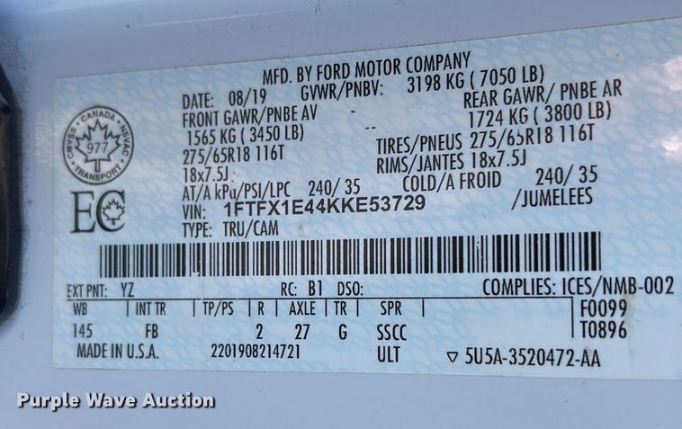 image for item ET8640 2019 Ford F150 Ext. Cab pickup truck