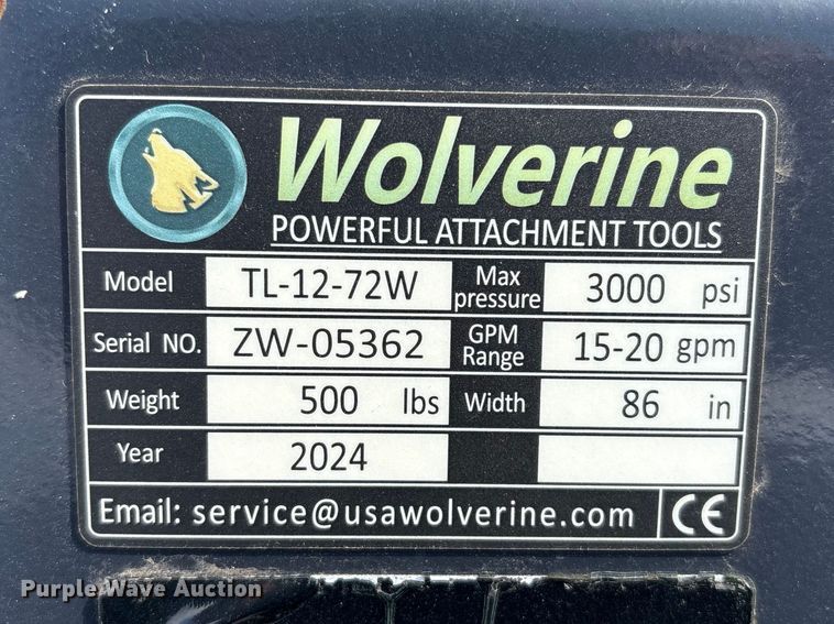 image for item EV2822 2024 Wolverine TL-12-72W skid steer tiller