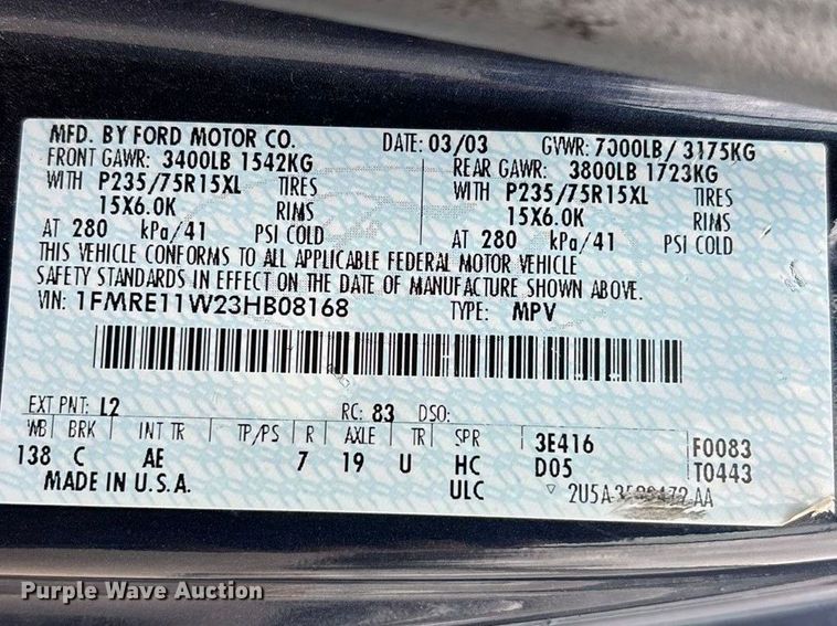 image for item FB3573 2003 Ford E150 van