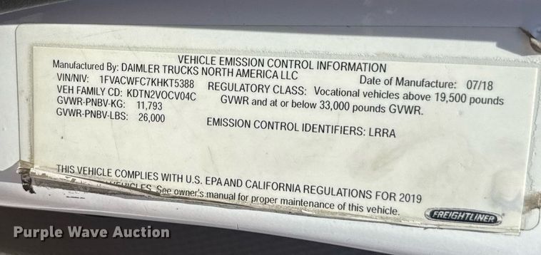 image for item FB9407 2019 Freightliner Business Class M2 rollback truck