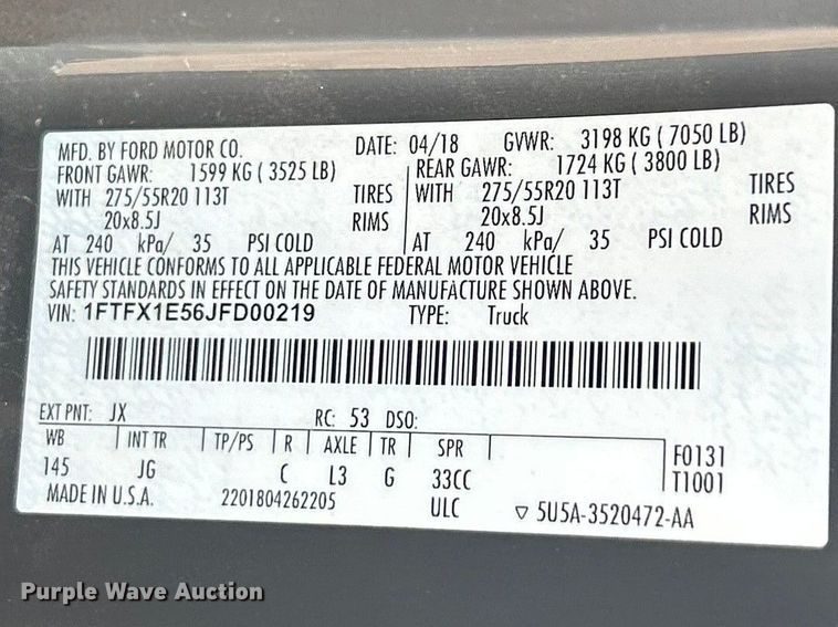 image for item FC5168 2018 Ford F150 Ext. Cab pickup truck