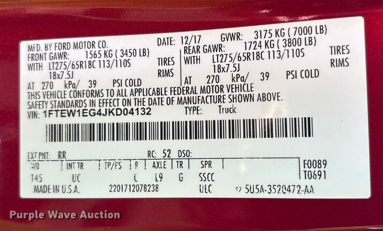 image for item YA1874 2018 Ford F150 Crew Cab pickup truck