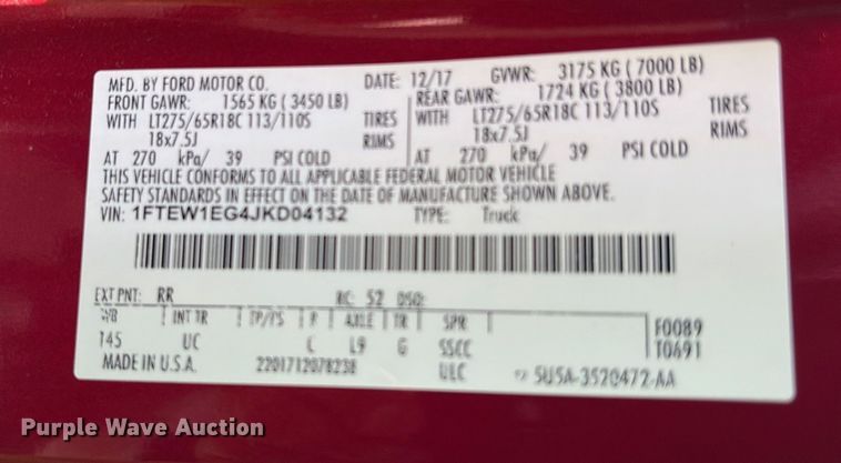 image for item YA1874 2018 Ford F150 Crew Cab pickup truck