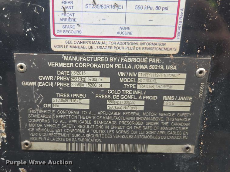 image for item YA2679 2015 Vermeer BC1000XL wood chipper