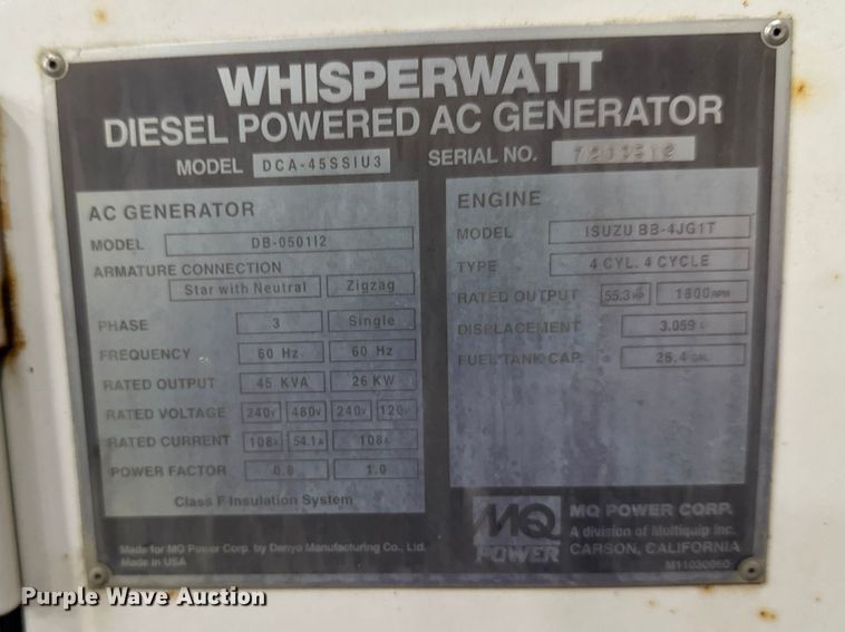image for item FK1724 Whisperwatt DCA-45SSIU3 generator