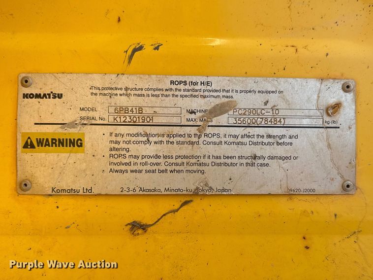 image for item DO8459 2012 Komatsu PC290LC-10 excavator