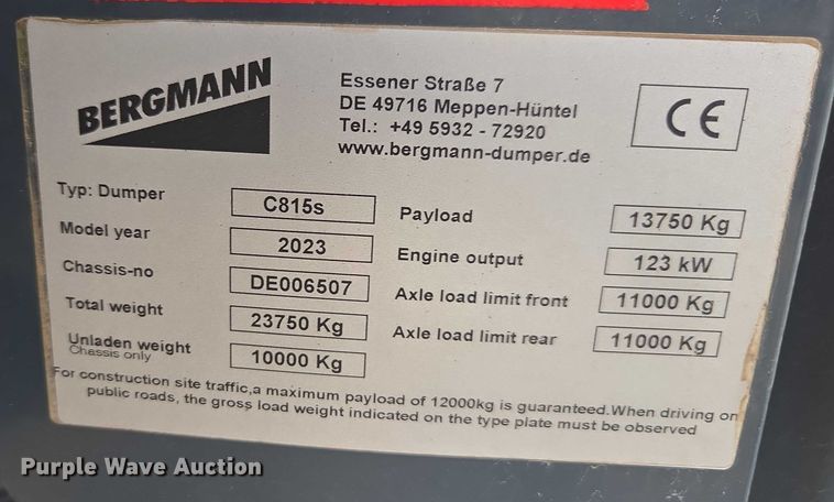 image for item DU2741 2023 Bergmann C815s articulated haul truck