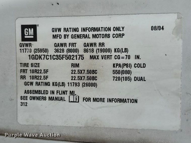 image for item EA4480 2005 GMC C7500 truck cab and chassis