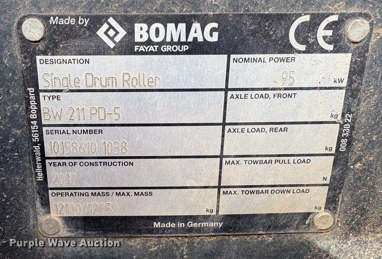 image for item EC8230 2017 Bomag BW 211 PD-5 single drum vibratory roller