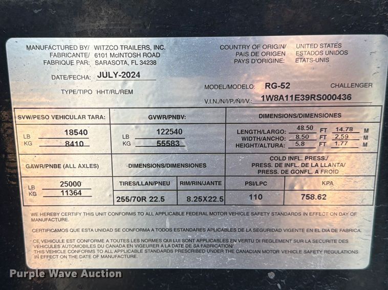 image for item ED5163 2024 Witzco Challenger RG-52 lowboy equipment trailer