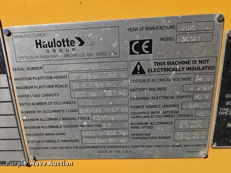 image for item EO7036 2015 Houlette 3632T boom lift