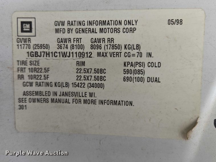 image for item EV5570 1998 Chevrolet C6500 box truck