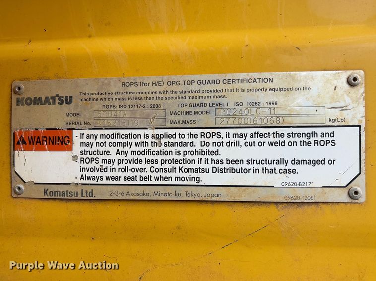 image for item FB3180 2016 Komatsu PC240LC-11 excavator