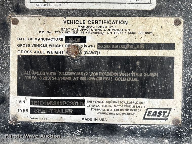 image for item FB3197 2006 East manufacturing end dump trailer