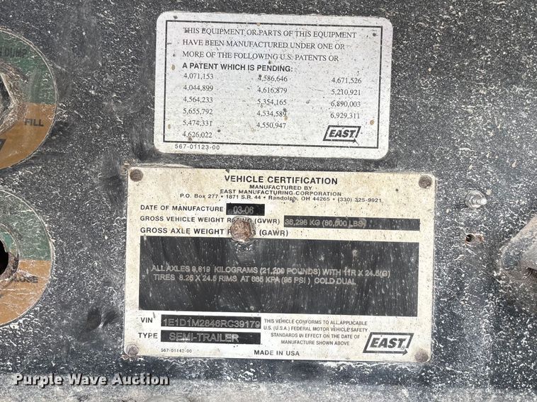 image for item FB3197 2006 East manufacturing end dump trailer