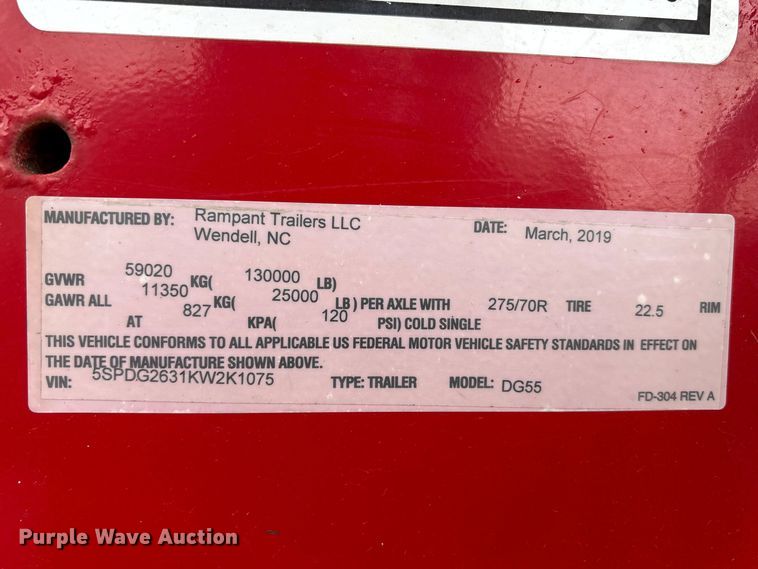 image for item FB3575 2019 Rampant trailers LLC DG55 lowboy equipment trailer