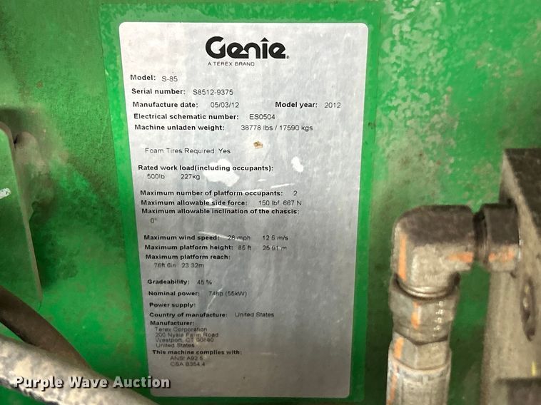 image for item FC5132 2012 Genie S-85 boom lift