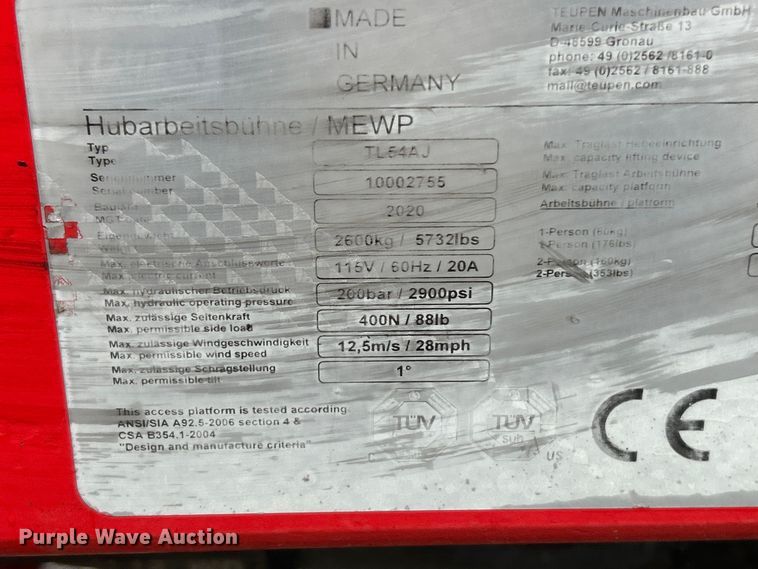 image for item FC5137 2020 Teupen TC60AJ boom lift