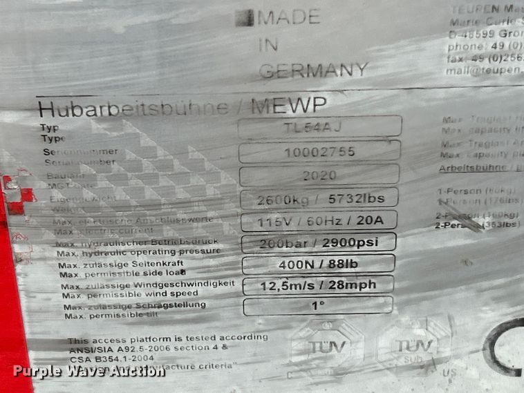 image for item FC5137 2020 Teupen TC60AJ boom lift