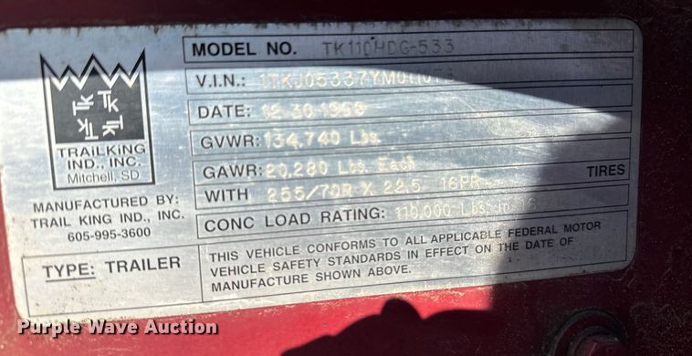 image for item FK1633 2000 Trail King TK110HDG-533 lowboy equipment trailer