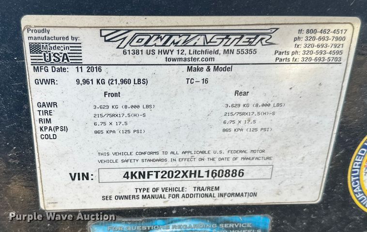 image for item FK1636 2017 Towmaster TC-16 equipment trailer