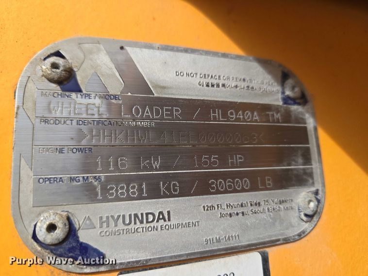 image for item YA1847 Hyundai HL940A TM high lift wheel loader