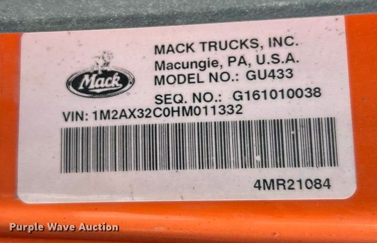 image for item YA2162 2017 Mack GU433 dump truck
