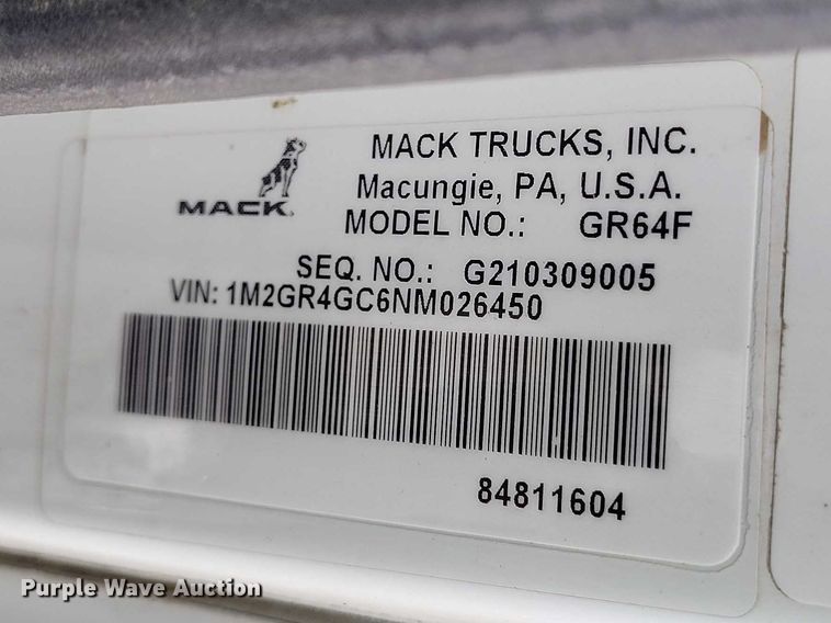 image for item YA2596 2022 Mack Granite dump truck