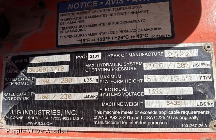 image for item YA2618 2022 JLG T500J boom lift