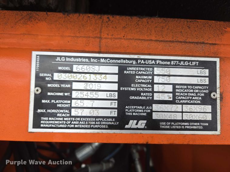 image for item YA2640 2019 JLG 660SJ boom lift