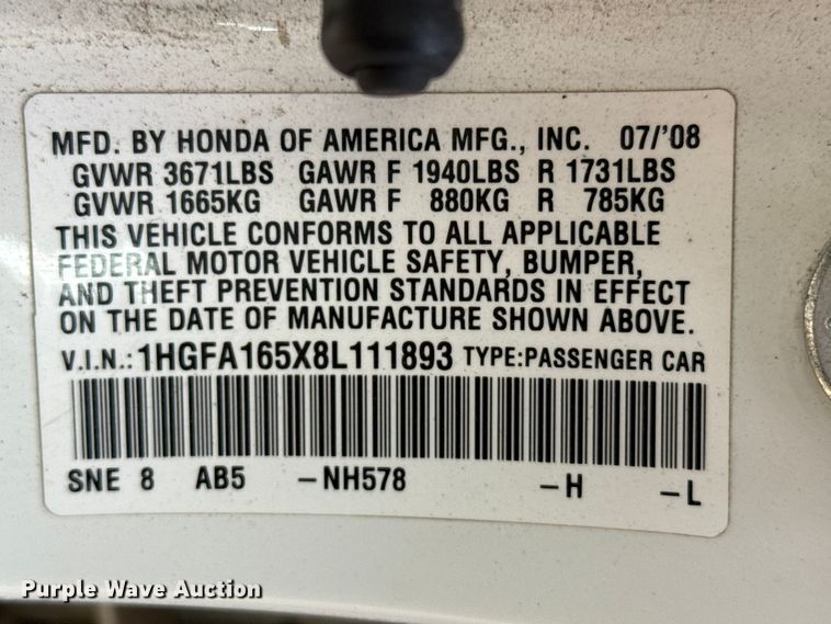 image for item DZ5296 2008 Honda Civic 