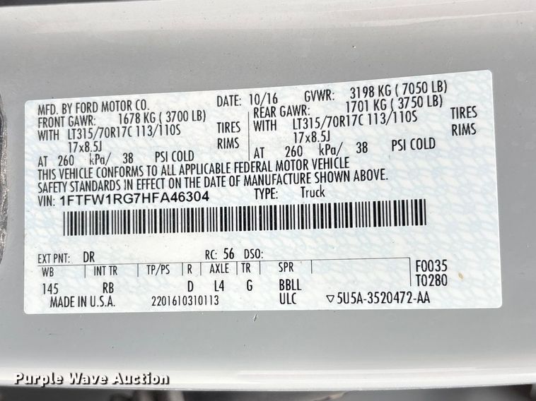 image for item EA4519 2017 Ford F150 Raptor Crew Cab pickup truck