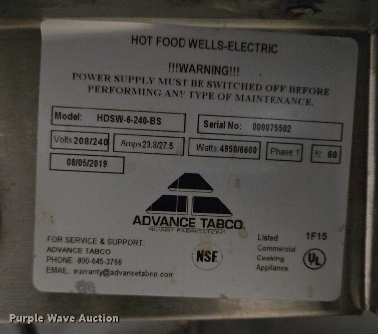 image for item ES2825 Advance Tabco HDSW-6-240-BS hot table
