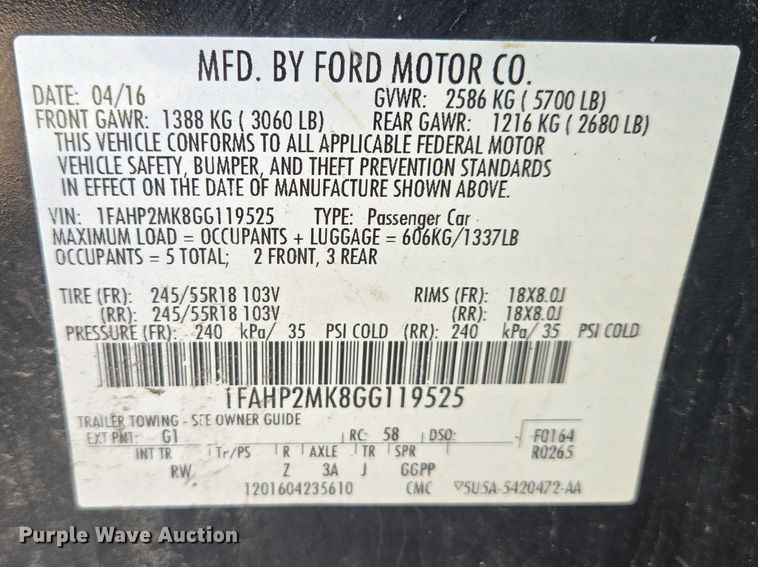 image for item ES2976 2016 Ford Taurus Police Interceptor 