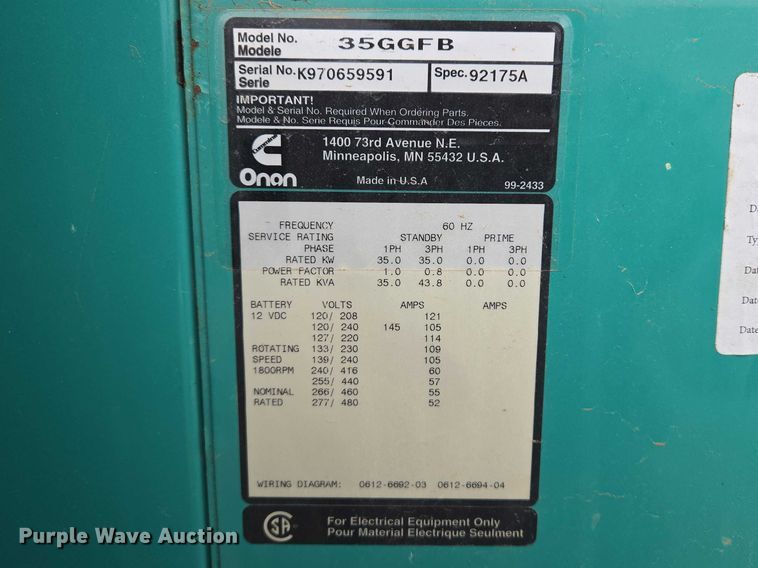 image for item EV5587 Onan 35GGFB generator
